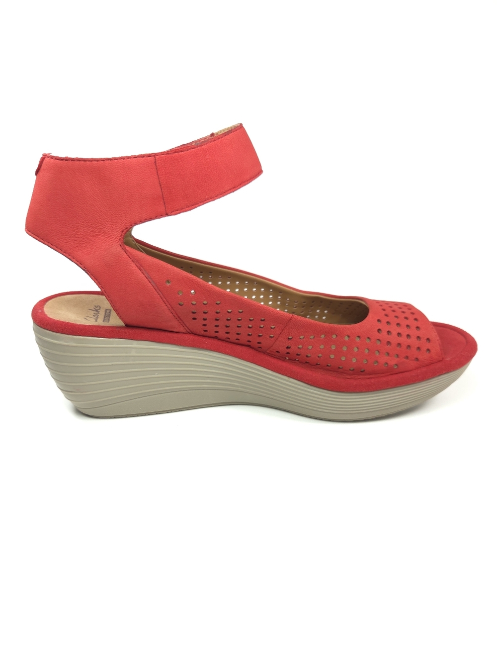 Clarks Reedly Salene Red Perforated Leather Peep‑Toe Wedge Sandals W 8.5 - Picture 3 of 16